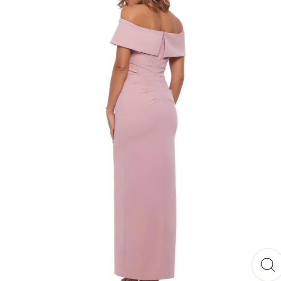 Xscape Off-the-Shoulder Ruched Ruched Waist Scuba Crepe Thigh High Slit … - Picture 3 of 11